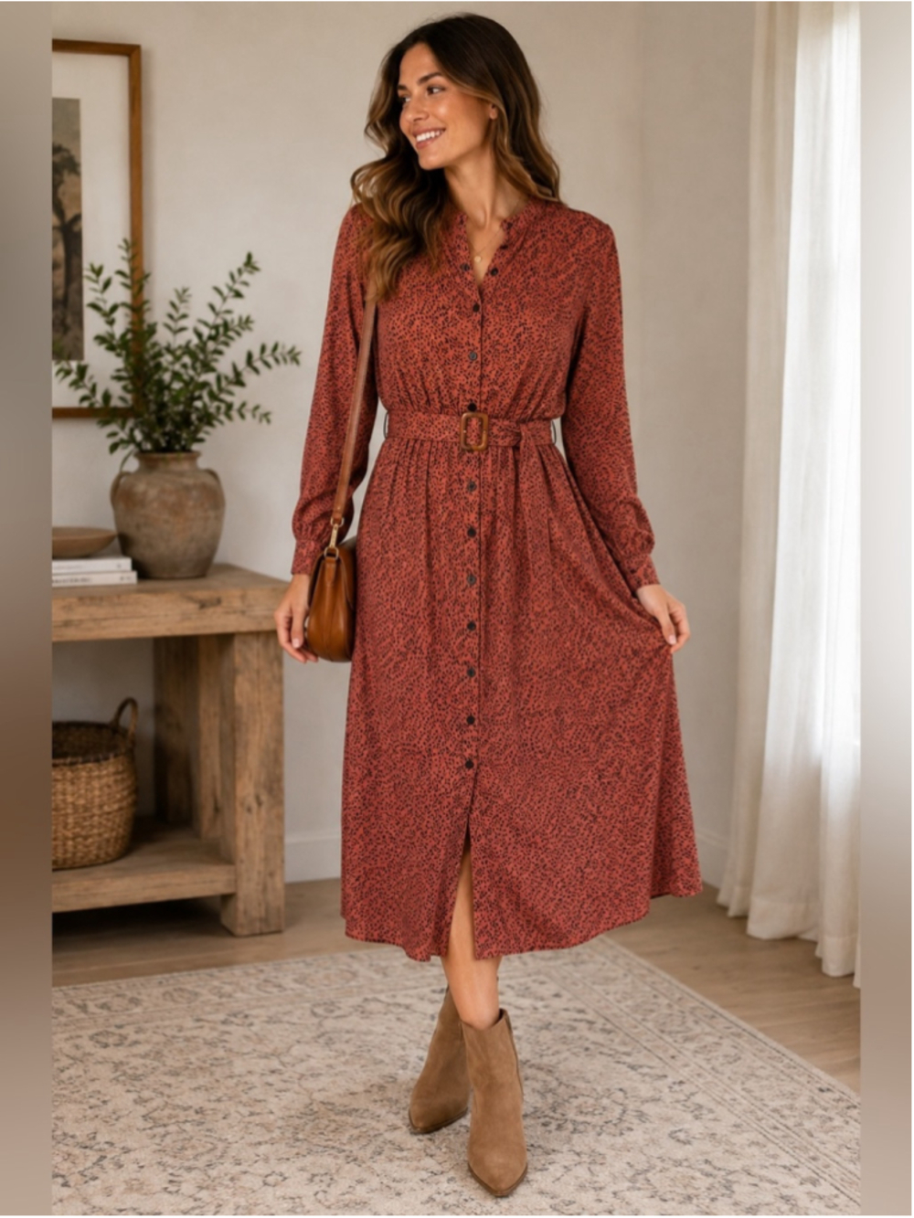 Rust Black Button-Front Rust Midi Dress with Belt Size XS/S Boho Cottagecore